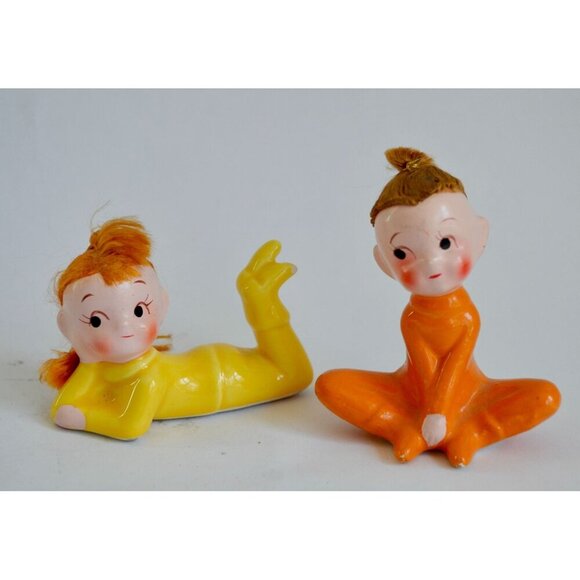 Vintage Pixie Elf Elves Set of 2 Hair Orange Yellow Figurines - Picture 1 of 8